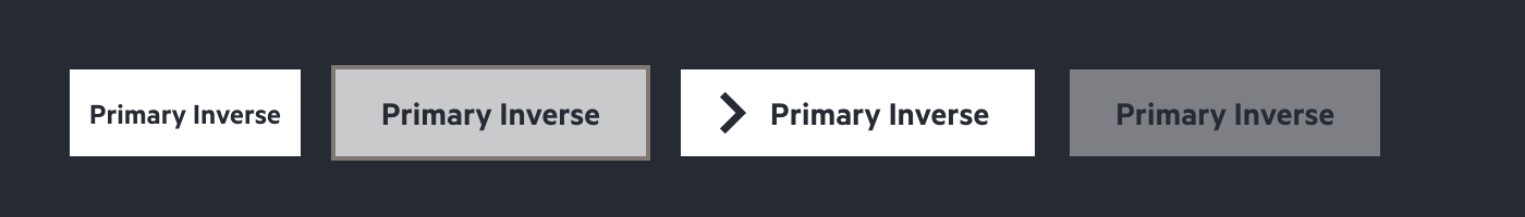 Primary buttons from the o-buttons component, with the inverse theme applied for use on a dark background. When the second button is focused it looks a lot like the 4th button shown, which is disabled and not interactive.