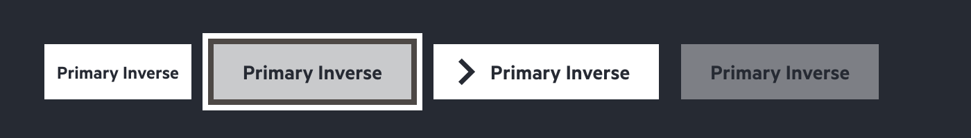 Primary buttons from the o-buttons component, with the inverse theme applied for use on a dark background. The second, focused button is more visibility highlighted using a 2 band outline of white and near-black – the bands are inverse to account for a light element on a dark background.