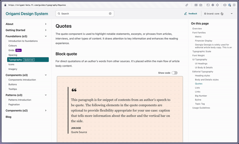 Guidelines for a quote component. Switching the current brand shows different guidelines, with a different visual style.